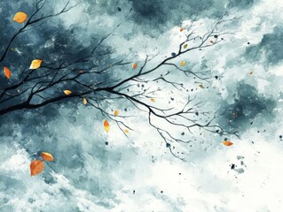 Artistic depiction of a leafless tree branch with few orange leaves against a cloudy sky, evoking a sense of autumn and melancholy.