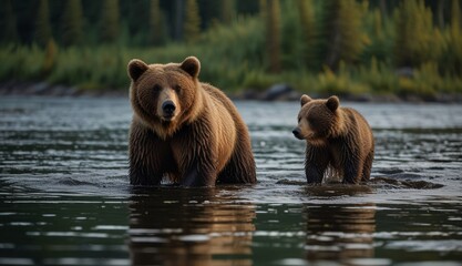 Obraz premium Grizzly Bears in Serene Waters