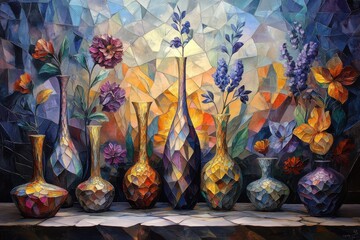 Fototapeta premium Geometric art with river and flowers in abstract painting vibrant design for wall decor