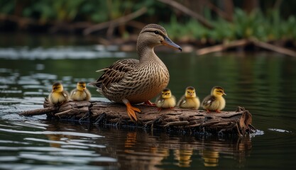 Mother Duck and Ducklings on Water