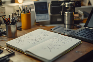 a digital notebook displaying handwritten notes and diagrams, blending traditional and modern work methods