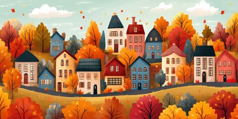 Charming Autumn Cityscape with Colorful Trees and Tiny Houses