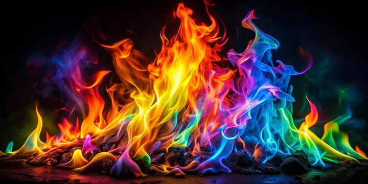 Rainbow Flames on Dark Background - Abstract Photography, Colorful Fire, Burning Art, fire, abstract, photography
