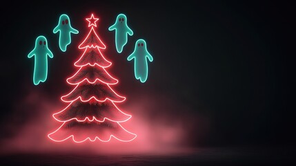 Haunted Christmas tree glowing with neon lights, ghostly figures circling in a misty glow, eerie yet vibrant, Creepy neon ghostly Christmas