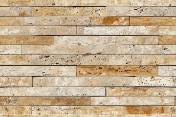 Naklejka premium A textured wall made of rectangular stone tiles in various shades of beige and brown, creating a natural and rustic appearance.