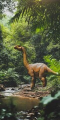 A dinosaur is walking through a jungle. The dinosaur is a large, long necked creature with a long tail. The jungle is lush and green, with trees and plants everywhere. The scene is peaceful and serene
