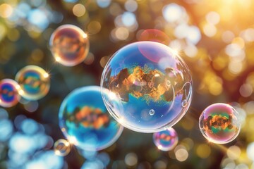 A bunch of bubbles are floating in the air, reflecting the sunlight
