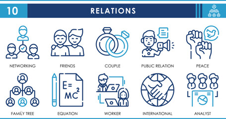 A set of line icons related to Relations. Love, couple, network, workers, international, equations, and so on. Vector outline icons set.