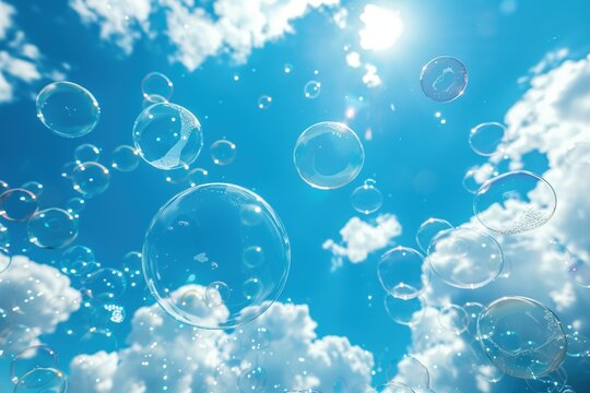 A large number of bubbles floating in the sky, creating a sense of playfulness