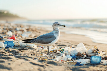Seagull standing among plastic waste on a polluted beach symbolizing environmental pollution, wildlife impact, and ocean conservation