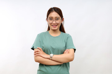 Portrait of young asian woman standing over white background