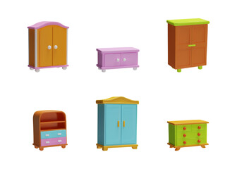 A set of wardrobes and chests of drawers in various colors for dressing rooms.