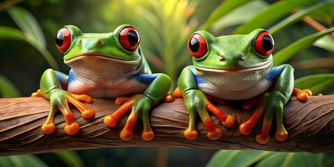 Red-Eyed Tree Frogs on Branch, Digital Art, Wildlife, Rainforest, Amphibian