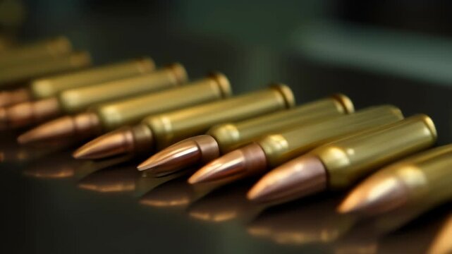 A row of bullets are lined up on a shelf