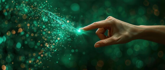 Fingertips touching a digital network connection, hand on a dark green background with a light effect and copy space for text. Digital technology concept. 