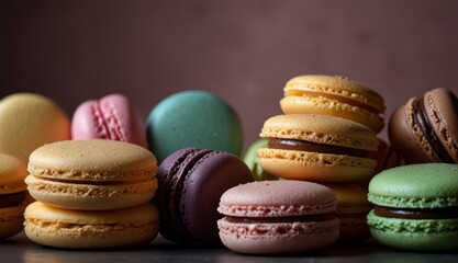 Fototapeta premium Colorful Macarons on Dark Surface