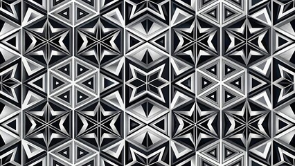 Intricate black and white geometric pattern creates visual depth.
