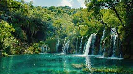 Obraz premium Serene Waterfall in Lush Greenery