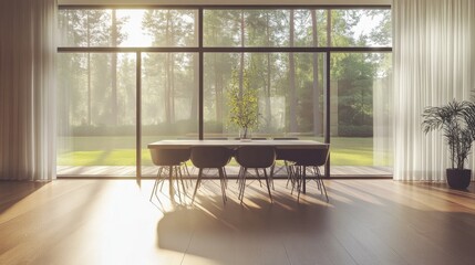 Fototapeta premium A minimalist dining area with a sleek, modern table and chairs, complemented by minimalistic decor and large windows providing plenty of natural light.