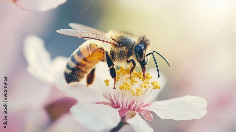 Poster a macro view of a bee collecting nectar from a blooming flower, illustrating the important role of p