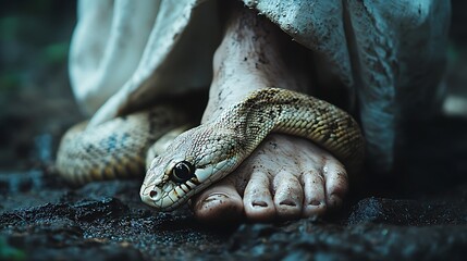 Fototapeta premium A snake wraps its body around a person's foot, symbolizing temptation or danger.