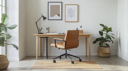 Fototapeta premium A minimalist home office with a simple desk, ergonomic chair, and minimal decor, showcasing a clutter-free workspace with clean lines and a calming environment.