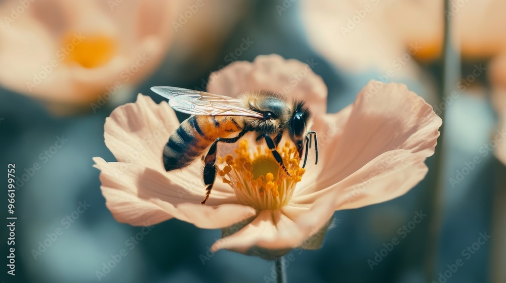 Poster a macro view of a bee collecting nectar from a blooming flower, illustrating the important role of p