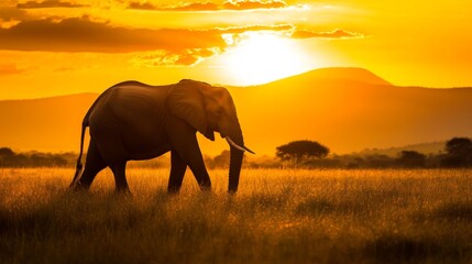 Fototapeta premium A majestic elephant walking through the savannah at sunset, with the golden light illuminating its large silhouette, capturing the grandeur of wildlife.