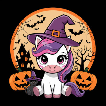 A cute Halloween-themed t-shirt design featuring a colorful unicorn with pink and purple hair wearing a witch's hat. The unicorn is sitting in front of an orange full moon with spider webs,
