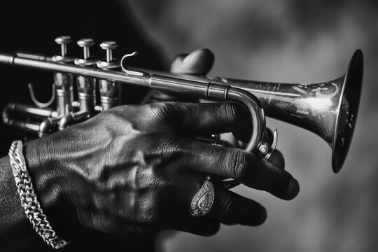 The hands of the trumpet player Trumpet, Player, vintage, dark, art, jazz, trumpet player, hand, luxury, jewelry, ring, close-up, black and white,