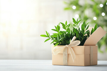 Green plant inside a gift box with ribbon symbolizing eco-friendly gifts, nature, sustainability, and environmental awareness