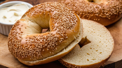 A photo of a freshly baked bagel. There are sesame seeds on the top of the bagel and it is sliced in half. The inside of the bagel is a light golden colour. The bagel is placed on a wooden board.