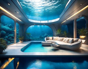 Fototapeta premium A futuristic underwater living room with a pool and a couch. The room is lit by a skylight and has a unique and stylish design.