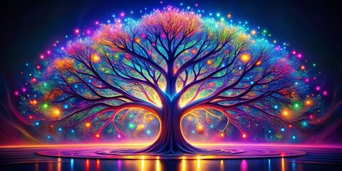 The Enchanting Glow of the Cosmic Tree, digital art, tree with glowing lights, fantasy, cosmic tree, psychedelic art , surrealism