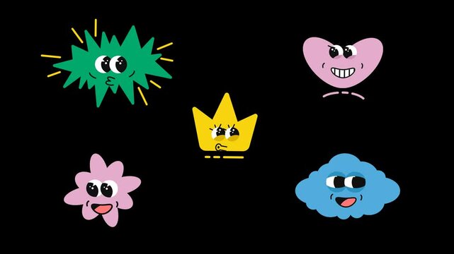 Groovy element animation with text, characters, doodles, sparkles, clouds, crowns, flowers, and thunderbolts. Retro hippie motion graphic designs with alpha channel.