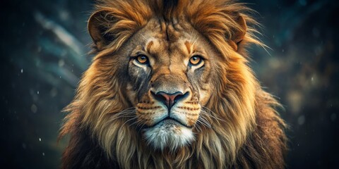 Fototapeta premium The King's Gaze A Close-Up Portrait of a Majestic Lion with Golden Fur Against a Dark, Blurred Background, Lion, Portrait, Wildlife,