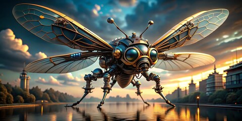 The Mechanical Bee at Sunset, Steampunk ,Cyberpunk, Artificial Life