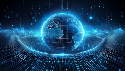 A futuristic, abstract digital landscape with a glowing blue globe at the center. The image evokes concepts of technology, connectivity, and the future.
