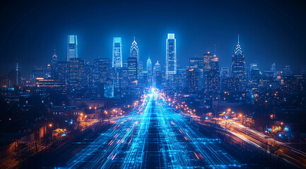 Fototapeta premium Smart City Digital Transformation concept: Network Connection, Smart Buildings, and IoT Integration with 5G
