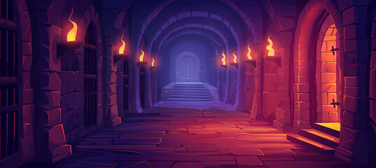 Obraz premium The Dungeon with a long corridor with ladder, game background, Illustration