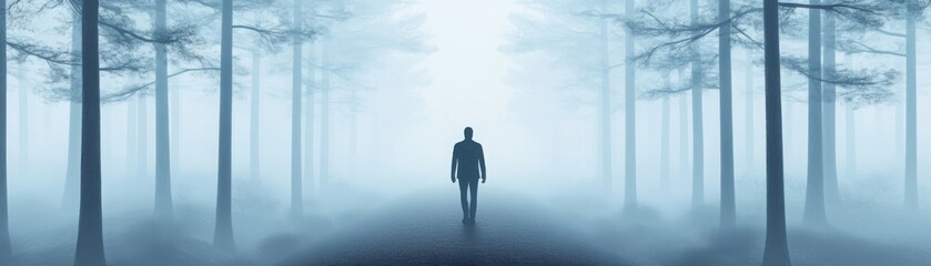 Dark forest path, solitary figure walking slowly, foggy atmosphere, 3D illustration