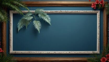 Elegant Greenery Frame on Blue Background
