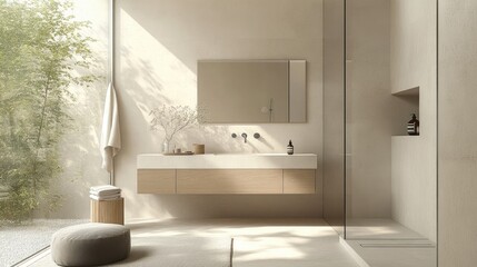 A modern minimalist bathroom with a floating vanity, frameless glass shower, and neutral tiles, featuring a serene and uncluttered aesthetic.