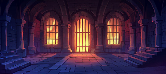 Obraz premium The Dungeon with a long corridor with ladder, game background, Illustration