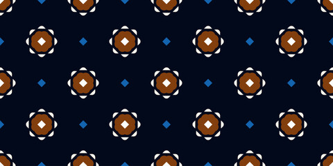 Cute small flowers pattern round shapes motif continuous background. Brown, blue, white colors palette. Modern decoration ditsy floral fabric design textile swatch easy to recolor allover print block.