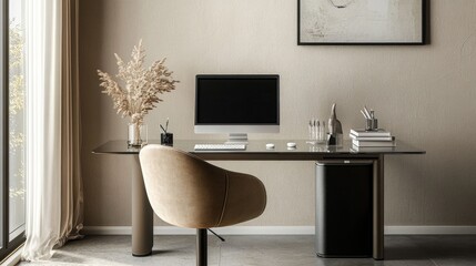 A modern minimalist desk with a glass top, a slim keyboard, and a minimalist mouse, set against a neutral-colored wall and complemented by a stylish office chair.