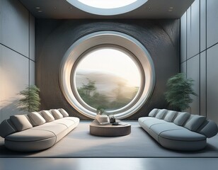 A futuristic, minimalist interior with a large, circular concrete doorway leading to a lounge area.