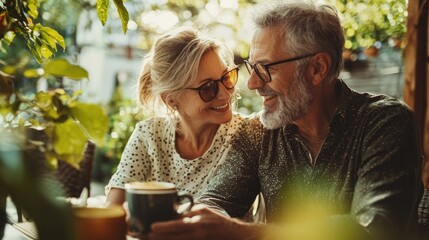 Happy Senior Couple Bonding Over Morning Coffee Together in Cozy Home Environment
