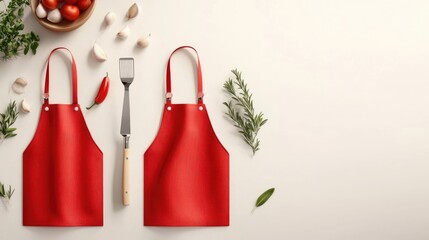 Bright red aprons and a spatula set against a clean surface, perfect for cooking and culinary adventures.