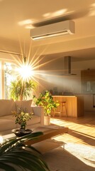 Cozy Living Room with Ceiling Air Conditioner, Sunlit Sofa and Kitchen Area in Wooded Ambiance